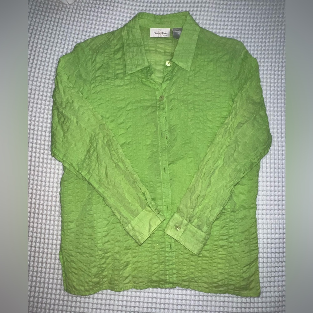Lime Green Textured Button-Down Shirt - medium PETITE